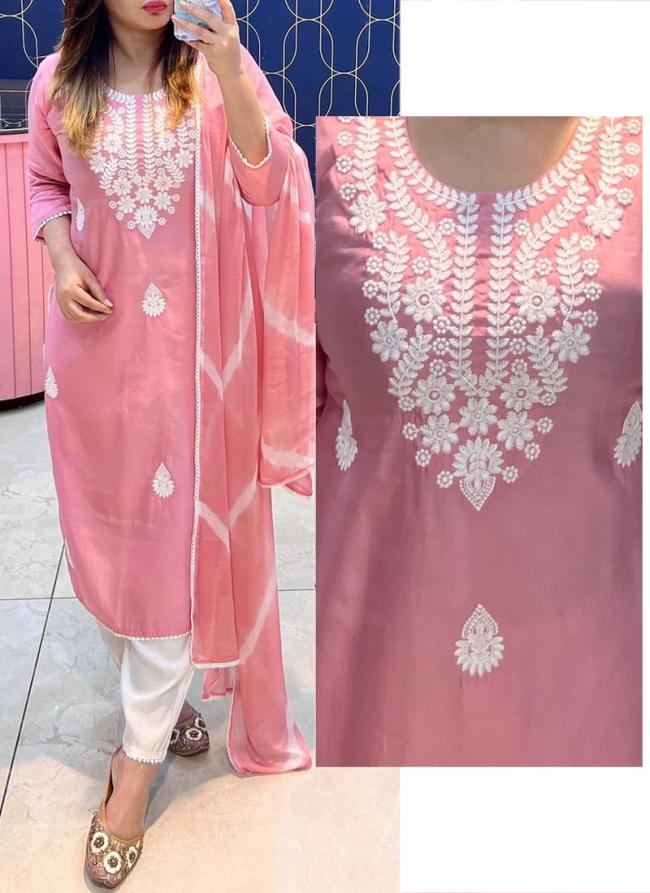 Roman Silk Pink Traditional Wear Chikankari Work Readymade Kurti Set